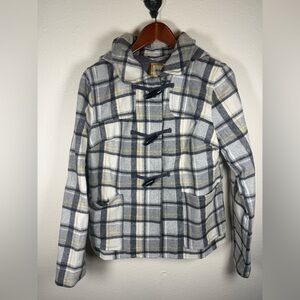 Gray Yellow Plaid Recycled Wool Duffle Coat Toggle Buttons M Y2K Old Navy Hooded